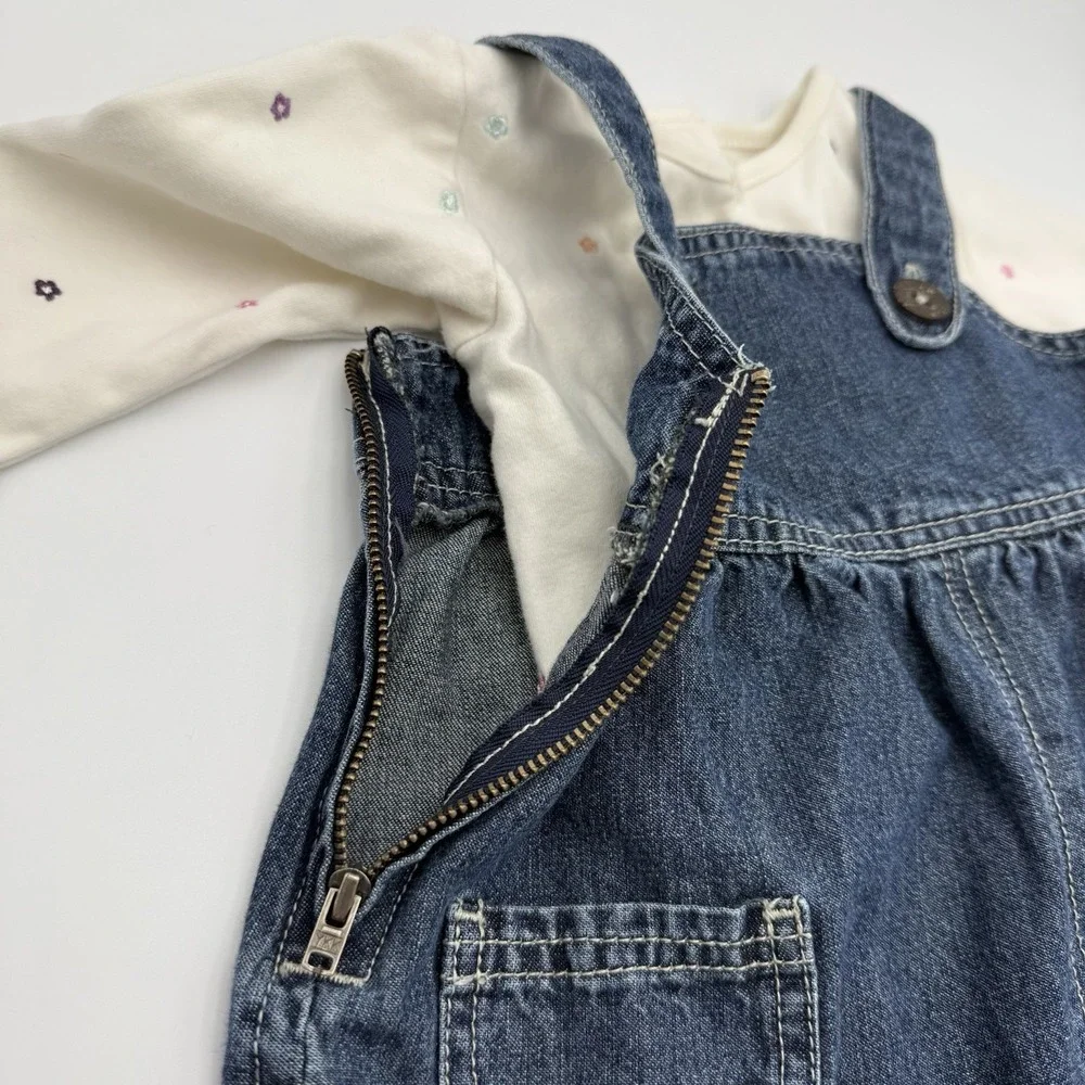 OshKosh Vestbak Denim Overall Dress Embroidered Sz 9 M Floral w/ Bodysuit‎